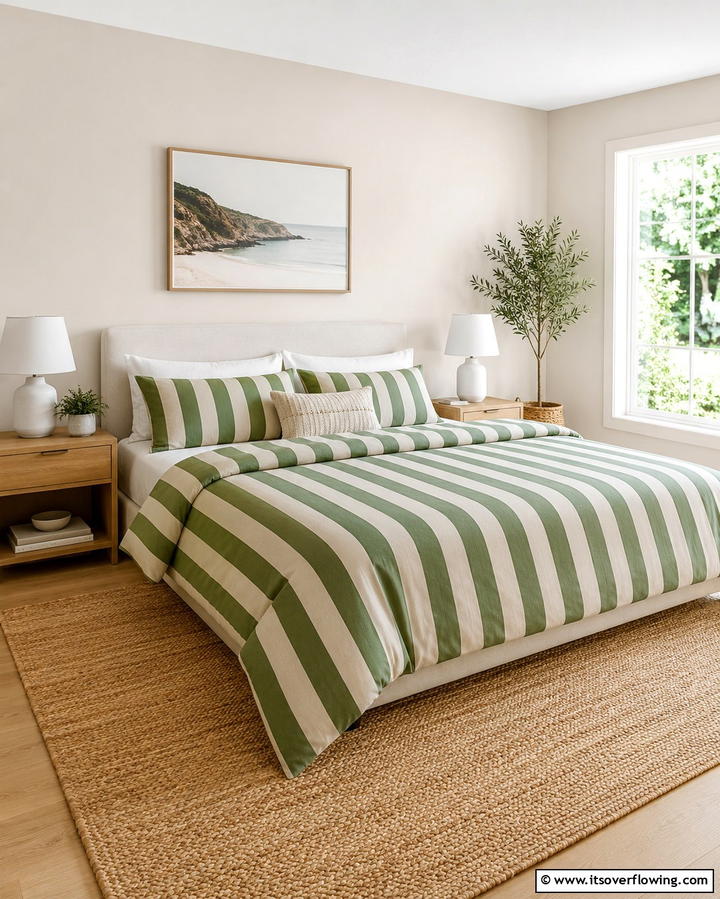 Green and Beige Striped Bedding - 25 Serene Green and Beige Bedroom Design Ideas