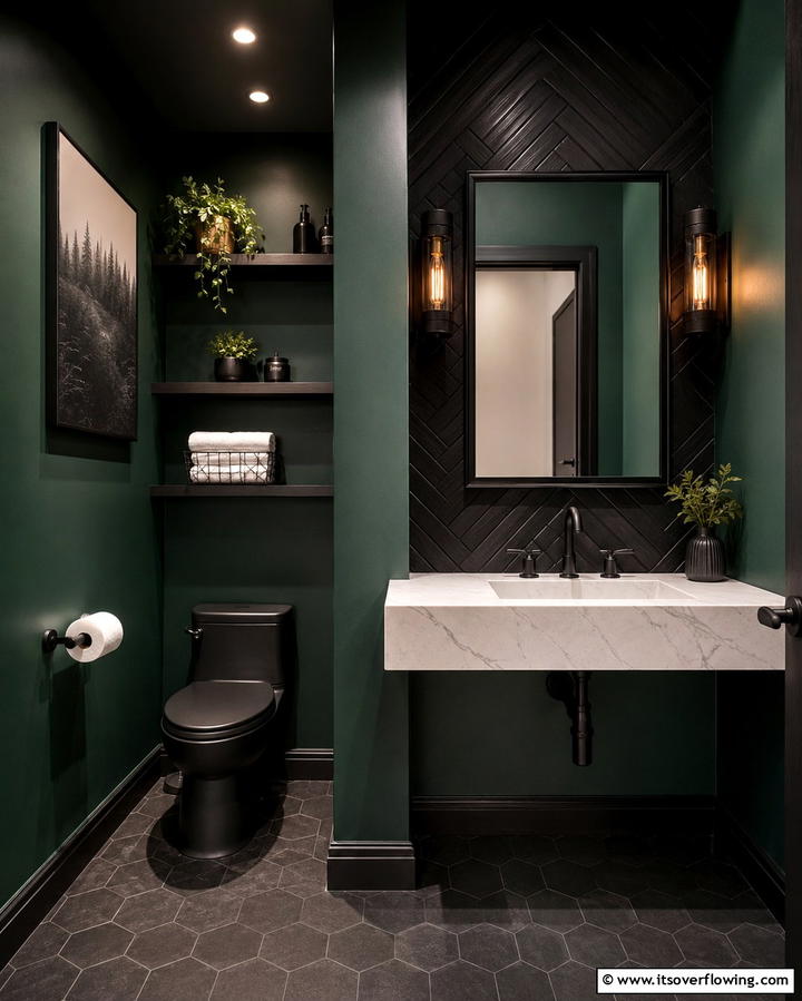 Green and Black Contrast - 25 Green Powder Room Ideas for a Fresh Look