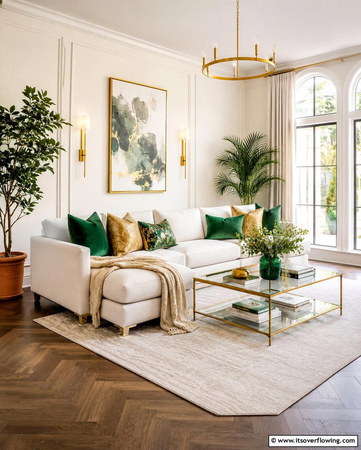 Green and Gold Accent Pillows for Subtle Sophistication - 25 Emerald Green and Gold Living Room Ideas for Luxury