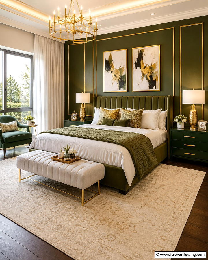 Green and Gold Accents - 30 Green Bedroom Decor Ideas for Calming Retreats