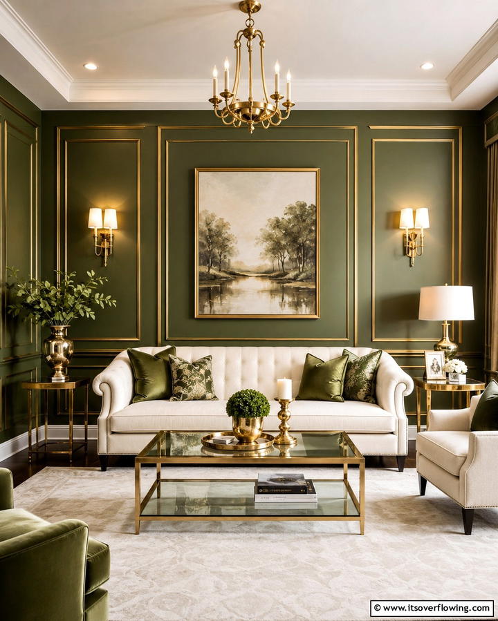 Green and Gold Accents for Elegance - 25 Green Living Room Ideas for a Fresh and Calming Space