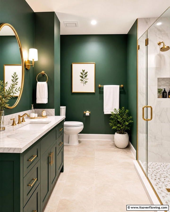 Green and Gold Accents - 20 Forest Green Bathroom Ideas for a Nature-Inspired Retreat