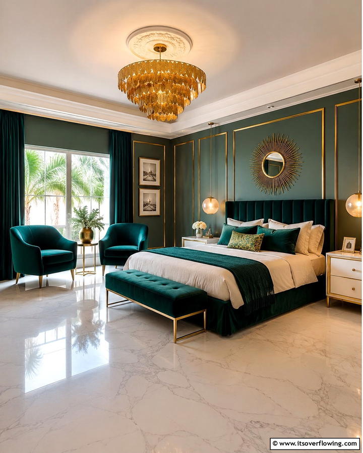 Green and Gold Decor for Sophisticated Contrast - 30 Green Bedroom Decor Ideas for Calming Retreats