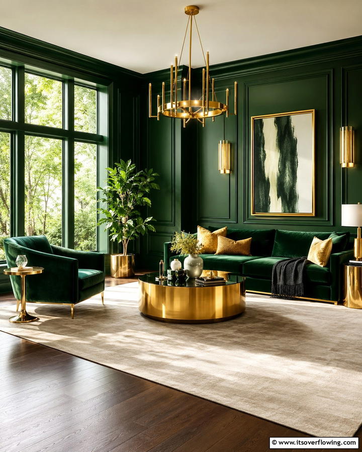 Green and Gold Elegance - 30 Forest Green Living Room Ideas for Nature-Inspired Interiors