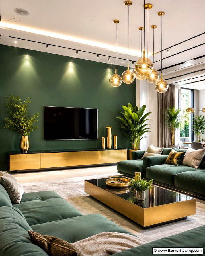 Green and Gold with Contemporary Lighting - 25 Green and Gold Living Room Ideas for Luxury