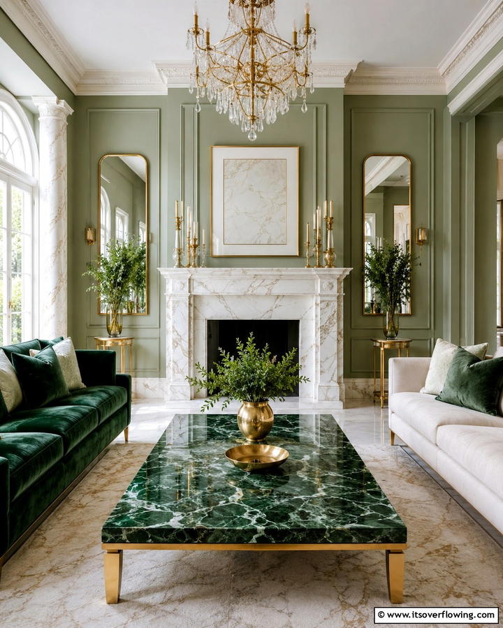 Green and Gold with Marble Details - 25 Green and Gold Living Room Ideas for Luxury