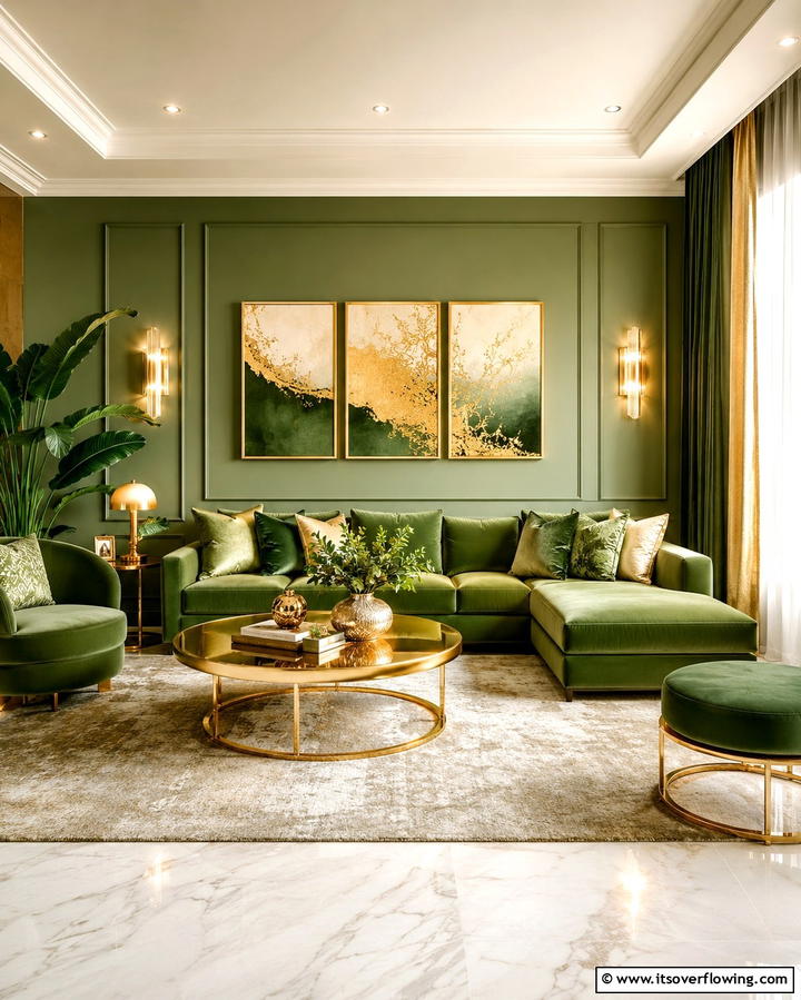 Green and Gold with Monochromatic Hues - 25 Green and Gold Living Room Ideas for Luxury