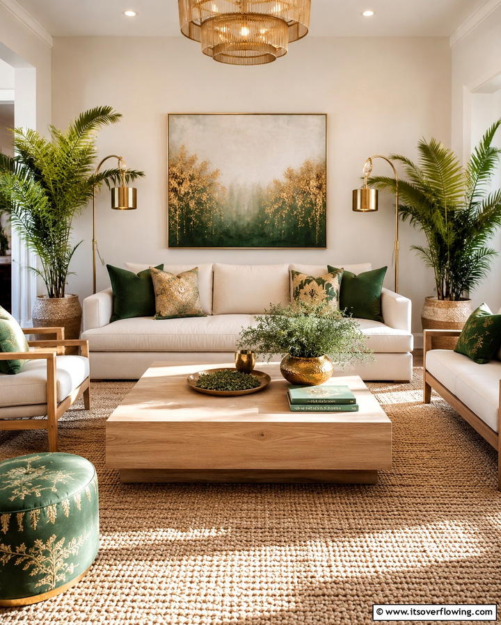 Green and Gold with Natural Textures - 25 Green and Gold Living Room Ideas for Luxury