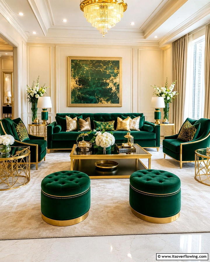 Green and Gold with Velvet Accents - 25 Green and Gold Living Room Ideas for Luxury
