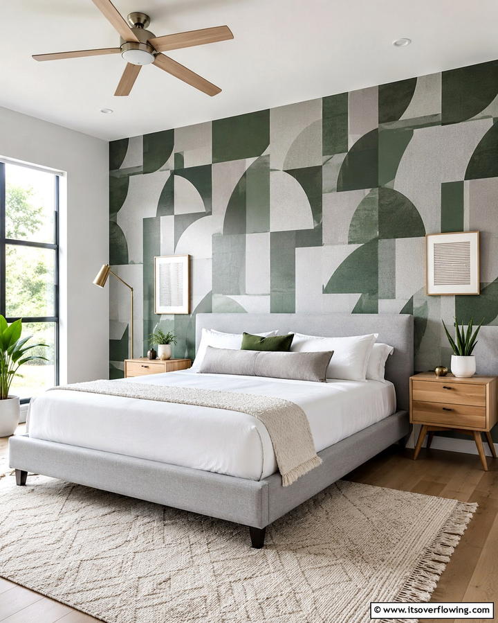 Green and Grey Geometric Wallpaper - 25 Modern Green and Grey Bedroom Design Ideas