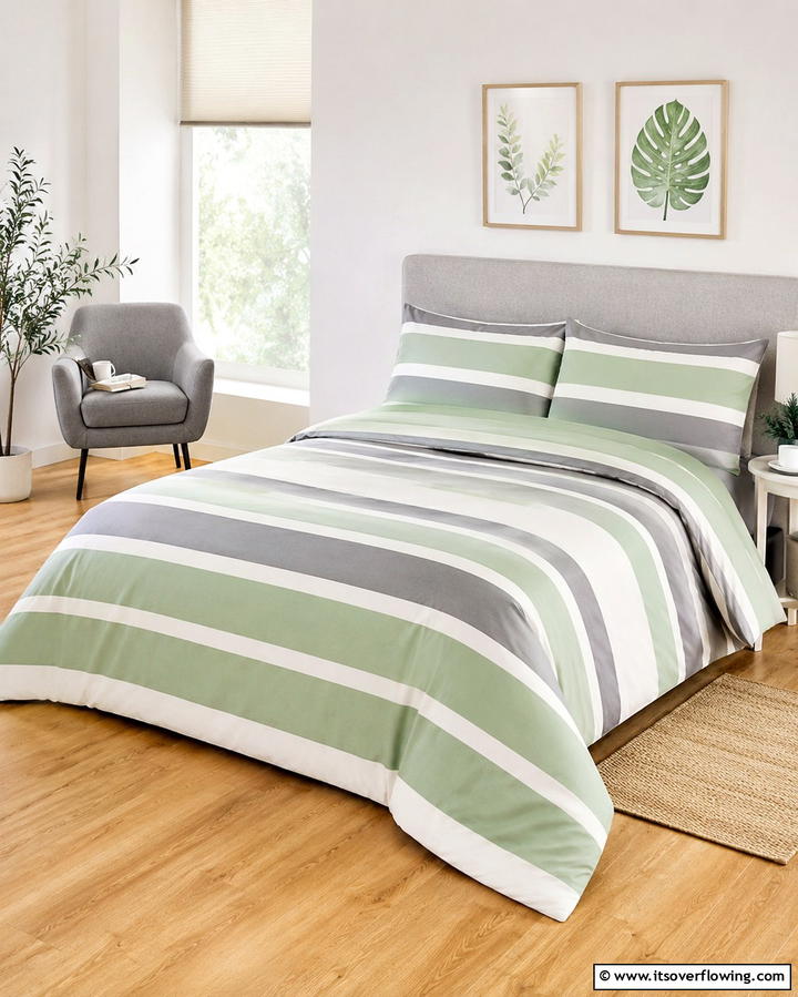 Green and Grey Striped Bedding - 25 Modern Green and Grey Bedroom Design Ideas
