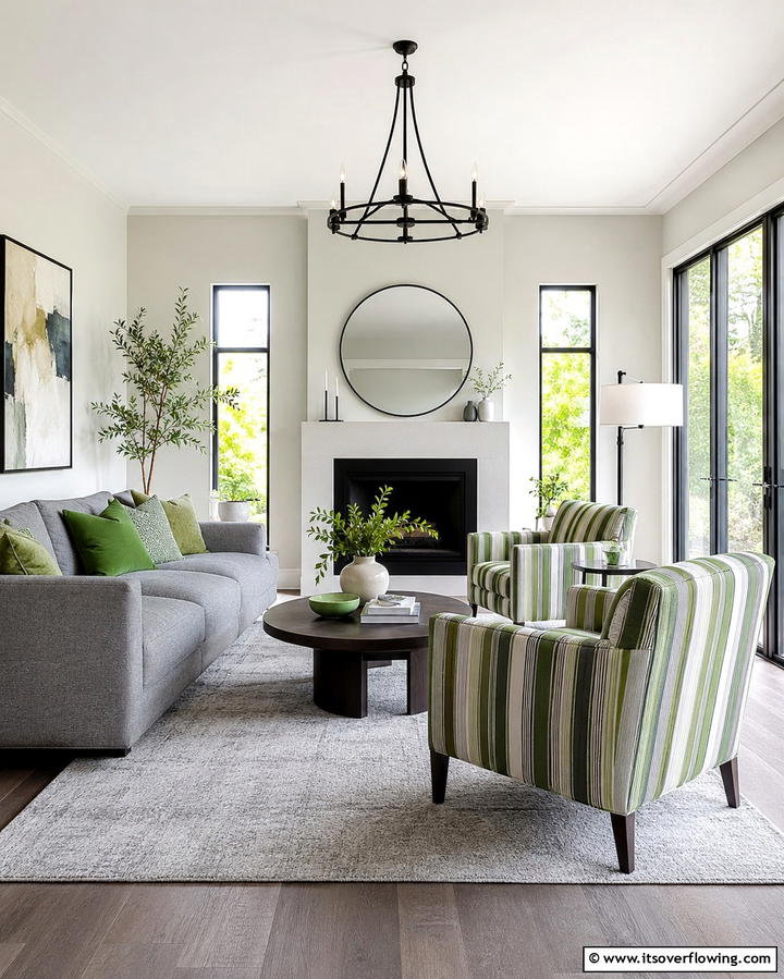 Green and Grey Striped Upholstery - 25 Green and Grey Living Room Ideas for Modern Homes
