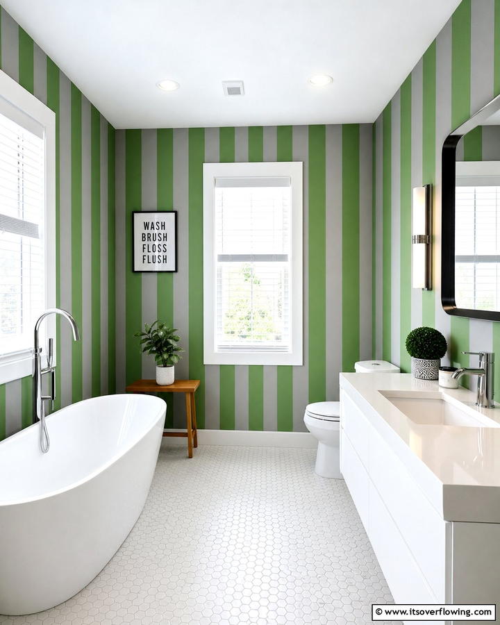 Green and Grey Striped Walls - 20 Green and Grey Bathroom Ideas for a Modern Look