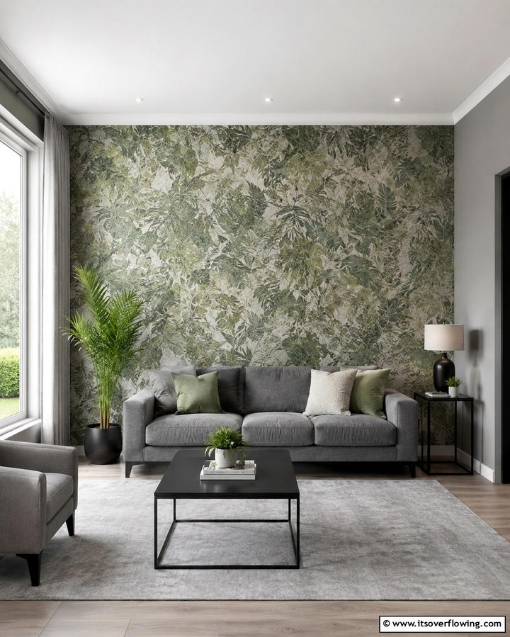 Green and Grey Wallpaper Feature - 25 Green and Grey Living Room Ideas for Modern Homes
