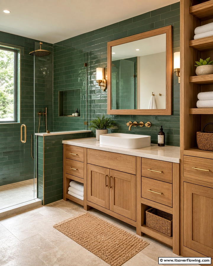 Green and Natural Wood Combination - 20 Forest Green Bathroom Ideas for a Nature-Inspired Retreat