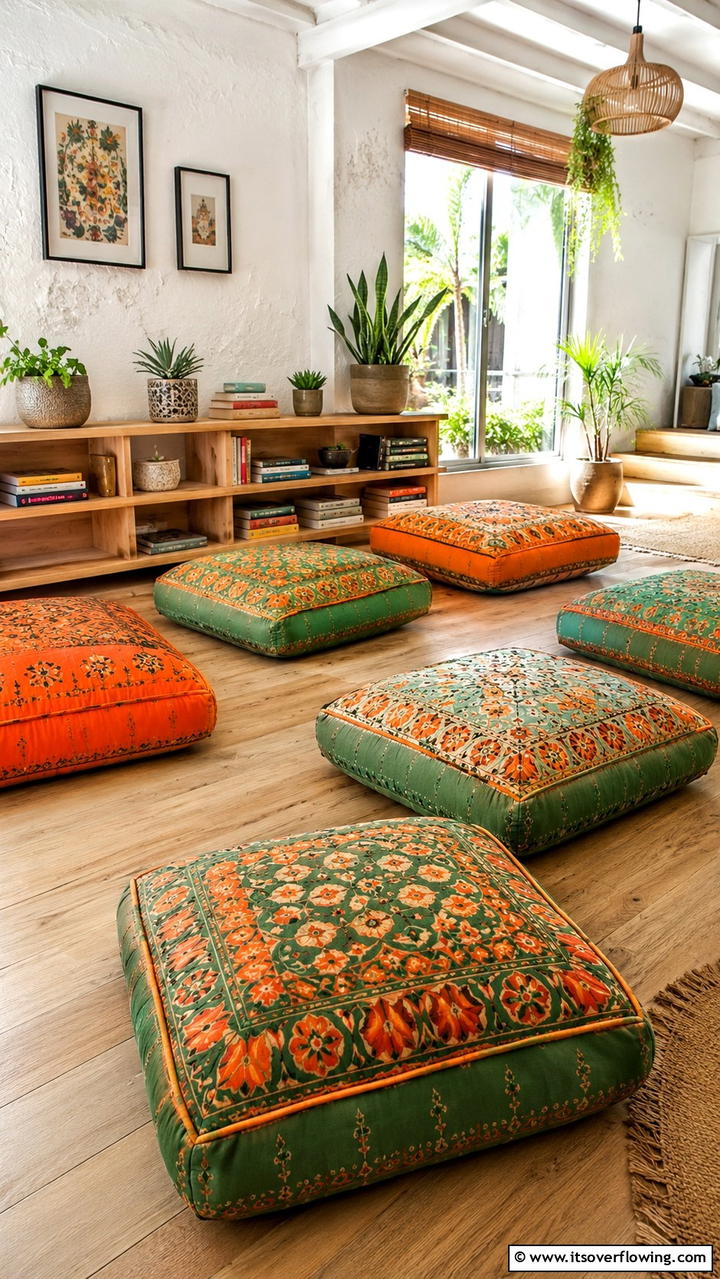 Green and Orange Patterned Floor Cushions - 30 Green and Orange Living Room Ideas for Bold Style