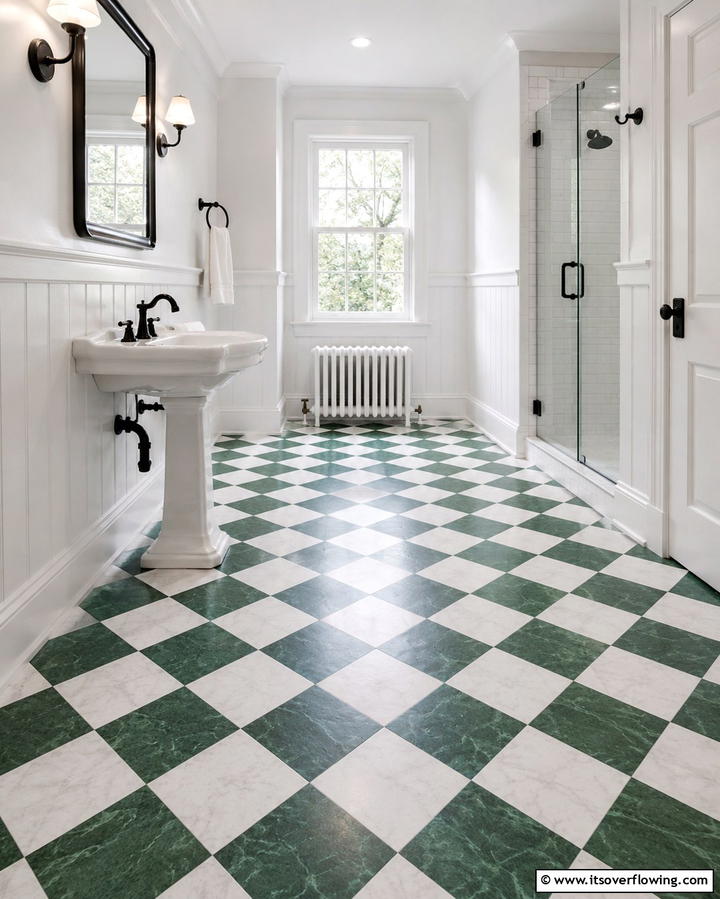 Green and White Checkerboard Flooring - 30 Green Tile Bathroom Inspiration Ideas for Bold Spaces