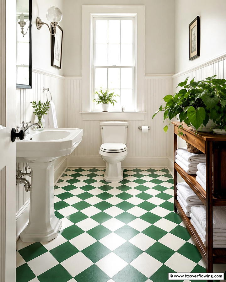 Green and White Checkerboard Flooring - 20 Small Green Bathroom Ideas for a Fresh and Tranquil Space