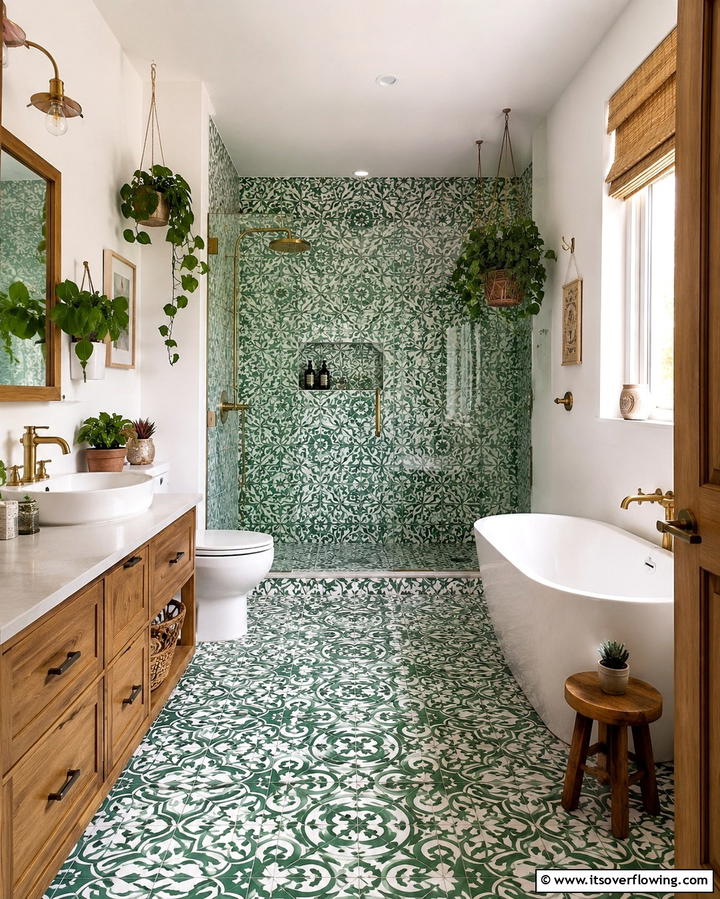 Green and White Patterned Tiles for Visual Interest - 30 Green Tile Bathroom Inspiration Ideas for Bold Spaces
