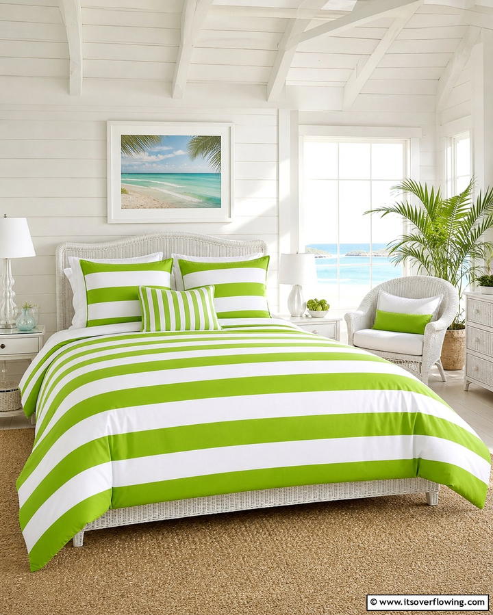 Green and White Striped Bedding - 25 Green and White Bedroom Ideas for Serenity