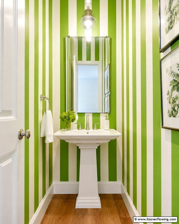 Green and White Stripes - 25 Green Powder Room Ideas for a Fresh Look