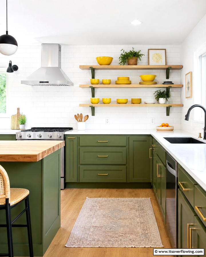 Green and Yellow Open Shelving - 25 Green and Yellow Kitchen Ideas for Freshness