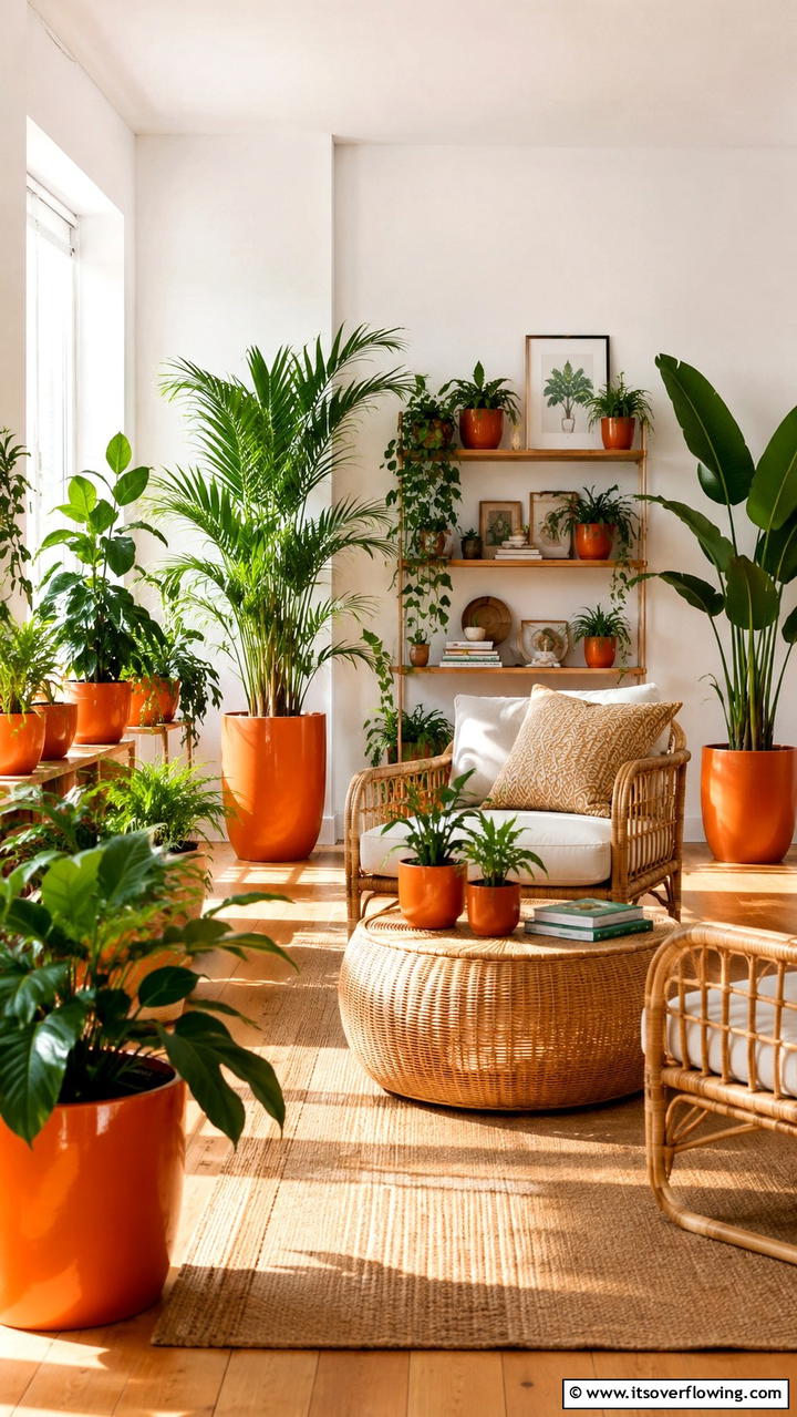 Greenery Inspired Indoor Plants with Orange Pots - 30 Green and Orange Living Room Ideas for Bold Style