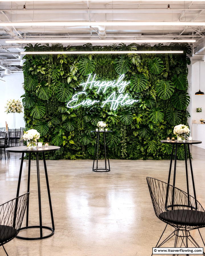 Greenery Wall with Neon Signs - 30 Beautiful Wedding Backdrop Design Inspirations