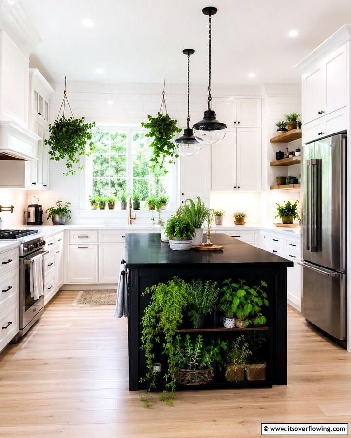 Greenery and Plants - 20 White Kitchen Ideas With Black Island for Contrast