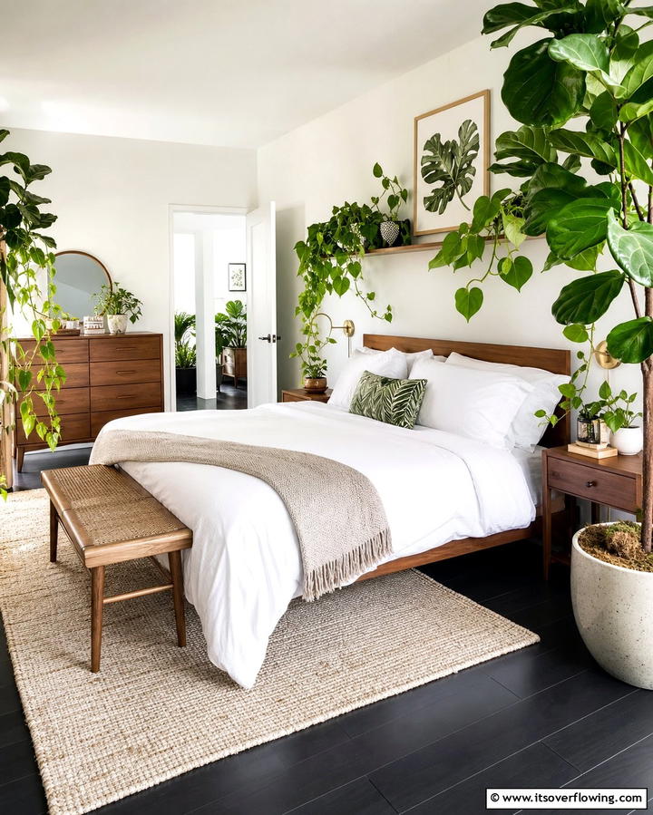 Greenery for a Fresh Touch - 25 Black Floor Bedroom Ideas for a Bold and Modern Look