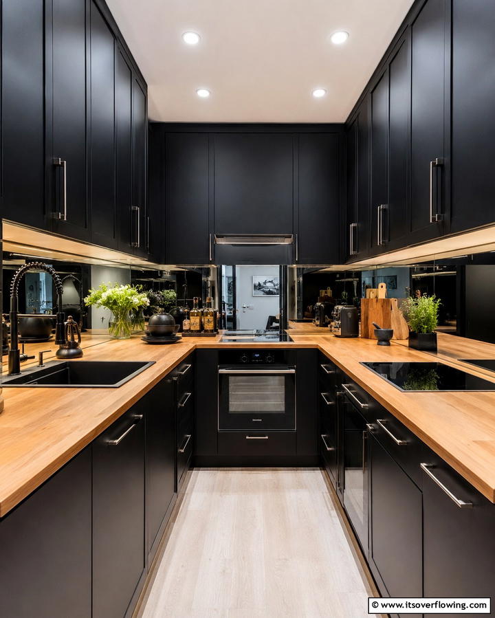 Greenery for a Natural Accent - 25 Kitchen With Black Cabinets And Wood Countertops Ideas