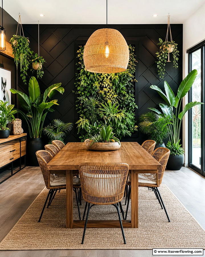 Greenery for a Natural Contrast - 20 Black Accent Wall Dining Room Ideas for a Bold Look