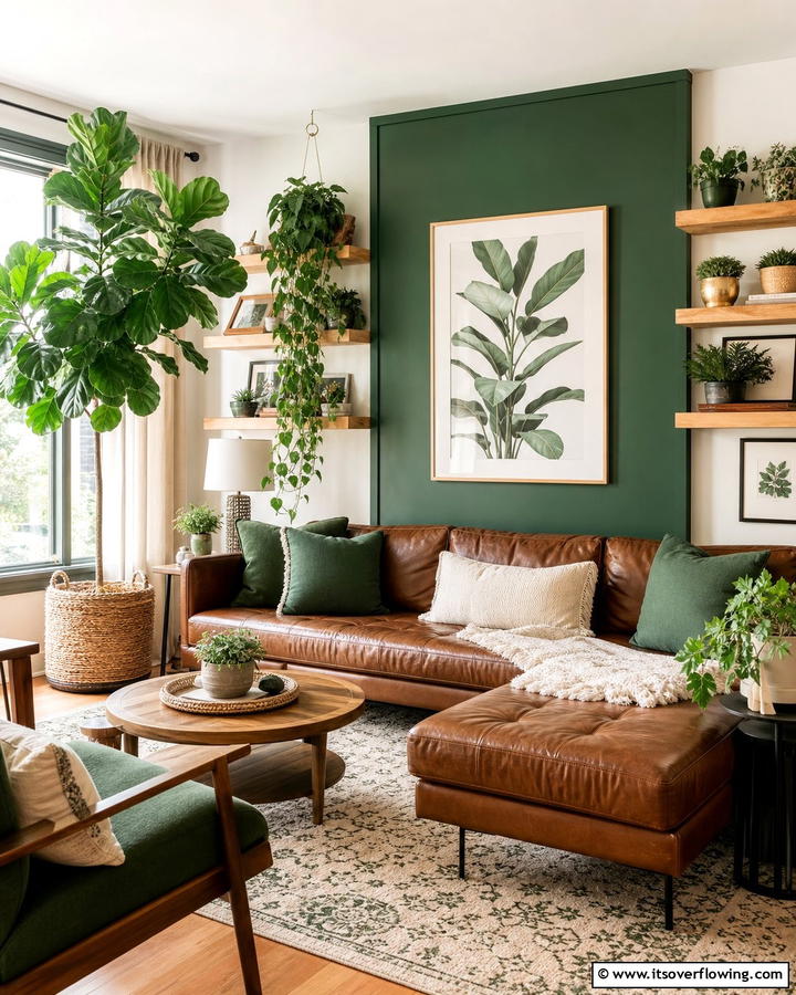 Greenery for a Natural Touch - 25 Brown Leather Couch Living Room Ideas