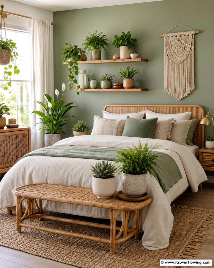 Greenery in Ceramic Pots - 25 Boho Sage Green Bedroom Ideas for a Serene Retreat