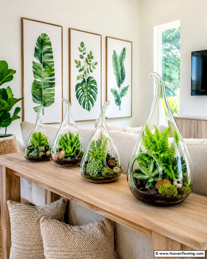 Greenery in Glass Terrariums - 25 Sofa Table Decor Ideas to Elevate Your Space