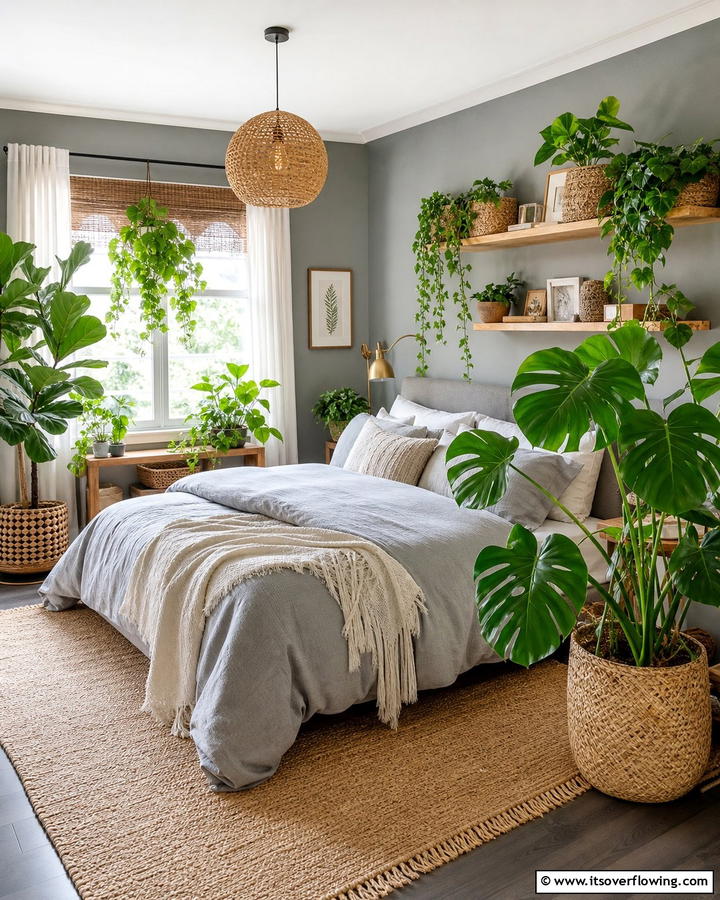 Greenery to Brighten the Space - 20 Grey Boho Bedroom Ideas for a Cozy Vibe