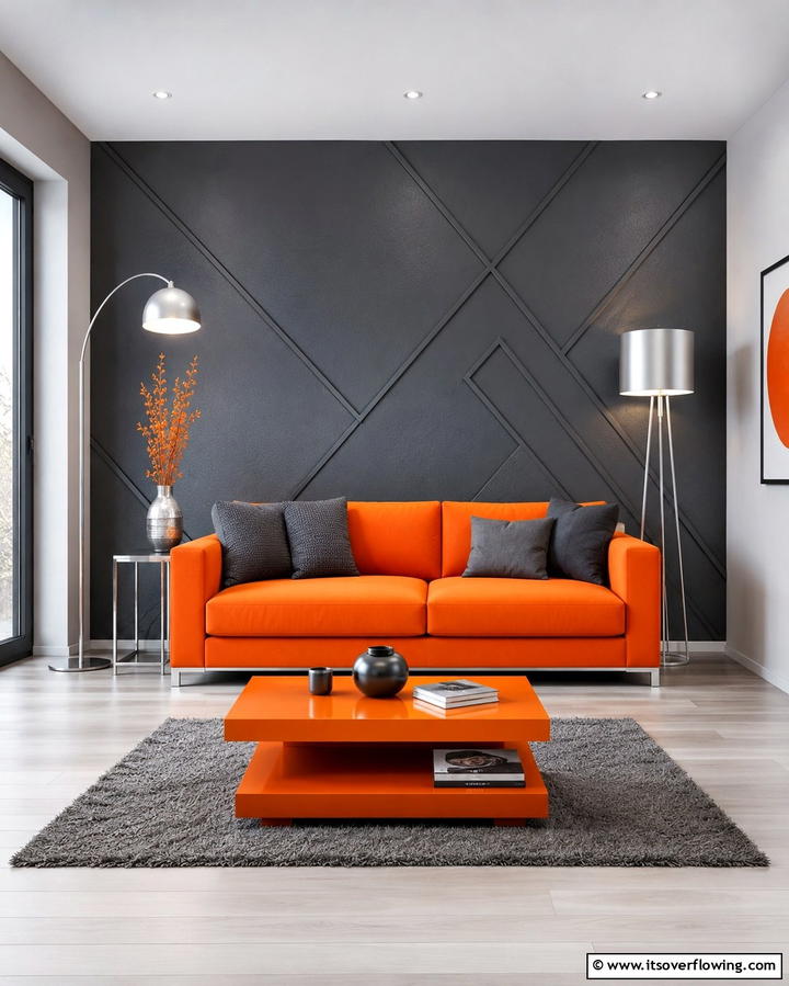 Grey Accent Walls with Orange Furniture - 25 Orange and Grey Living Room Ideas for a Modern Look