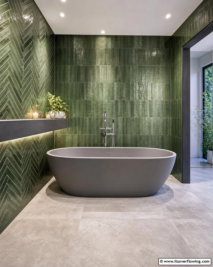 Grey Bathtub with Green Tiles - 20 Green and Grey Bathroom Ideas for a Modern Look