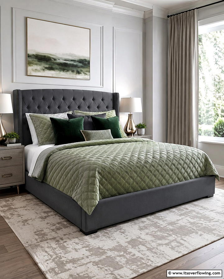 Grey Bed Frame with Sage Green Bedding - 25 Sage Green and Grey Bedroom Ideas for a Serene Retreat