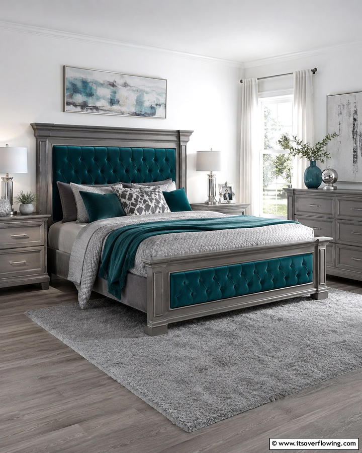 Grey Bed Frame with Teal Upholstery - 20 Teal and Grey Bedroom Ideas for a Modern Look