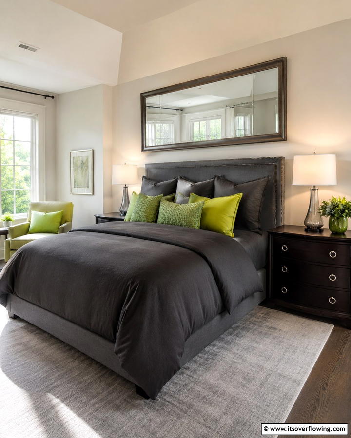 Grey Bedding with Green Throw PillowsOne - 25 Modern Green and Grey Bedroom Design Ideas