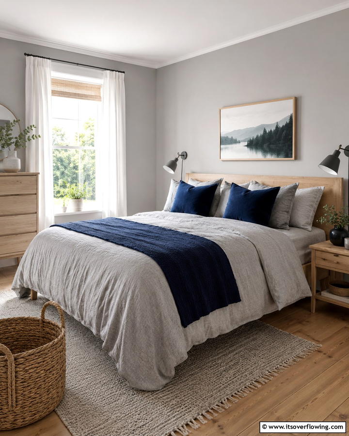 Grey Bedding with Navy Blue Throw Pillows - 25 Navy Blue and Grey Bedroom Ideas for Modern Style