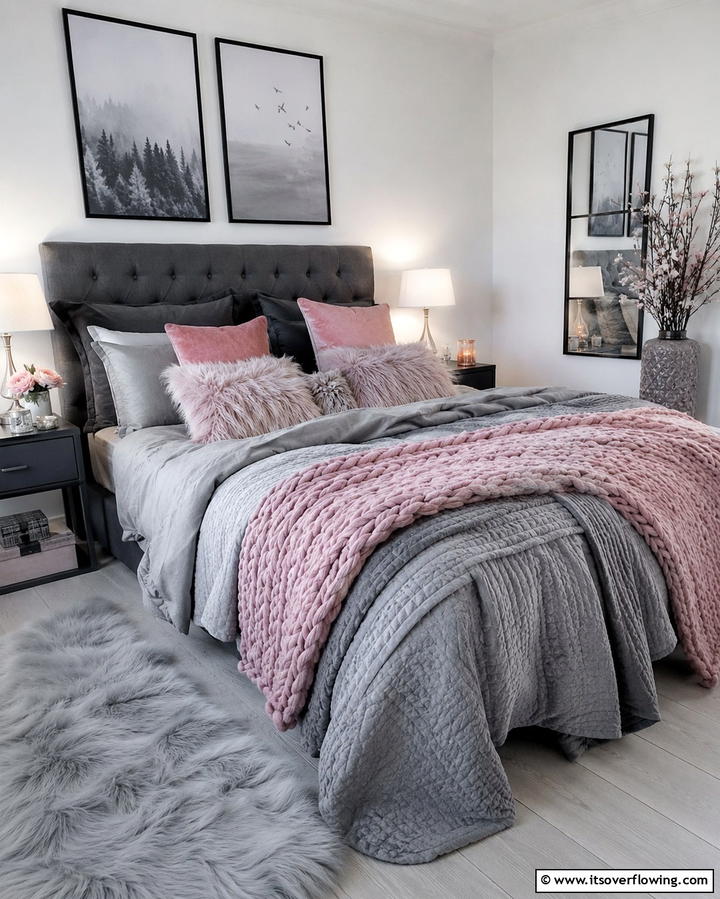 Grey Bedding with Pink Throws - 25 Pink and Grey Bedroom Ideas for a Serene Space