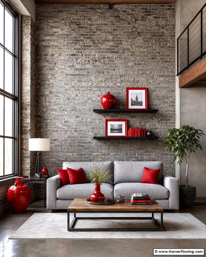 Grey Brick Wall with Red Accessories - 25 Red and Grey Living Room Ideas for a Modern Touch