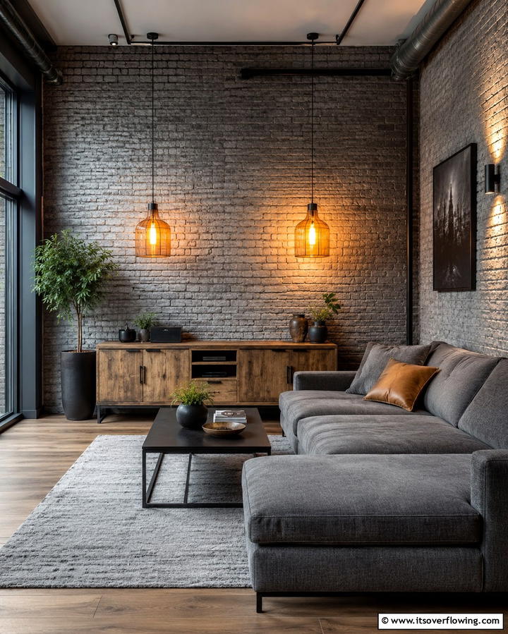 Grey Brick Walls with Orange Lighting - 25 Orange and Grey Living Room Ideas for a Modern Look