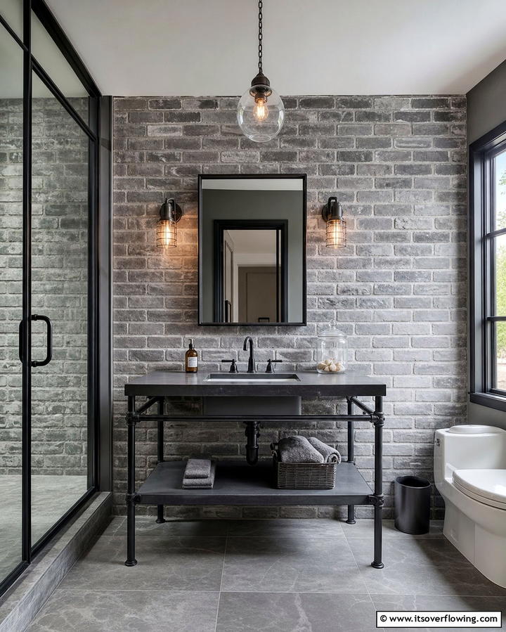 Grey Brick Walls - 25 Grey Bathroom Ideas for a Timeless and Elegant Look