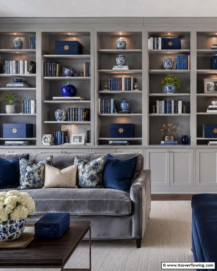 Grey Built In Shelves with Blue Accents - 30 Soothing Blue & Grey Living Room Designs for Relaxing Spaces