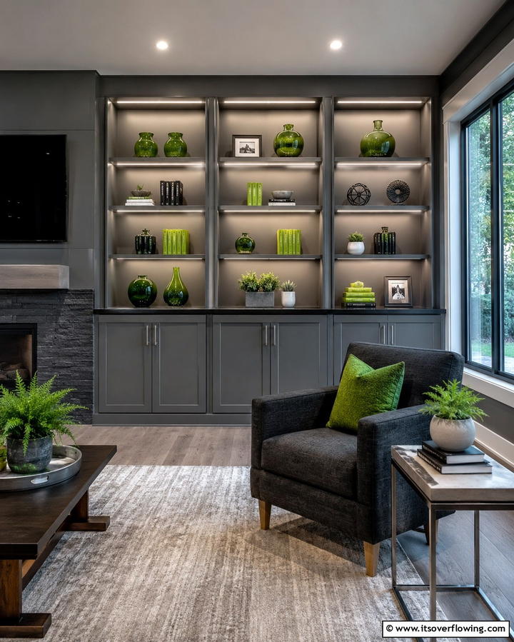 Grey Built Ins with Green Decor - 25 Green and Grey Living Room Ideas for Modern Homes