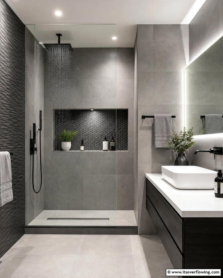 Grey Built in Niches - 25 Grey Bathroom Ideas for a Timeless and Elegant Look