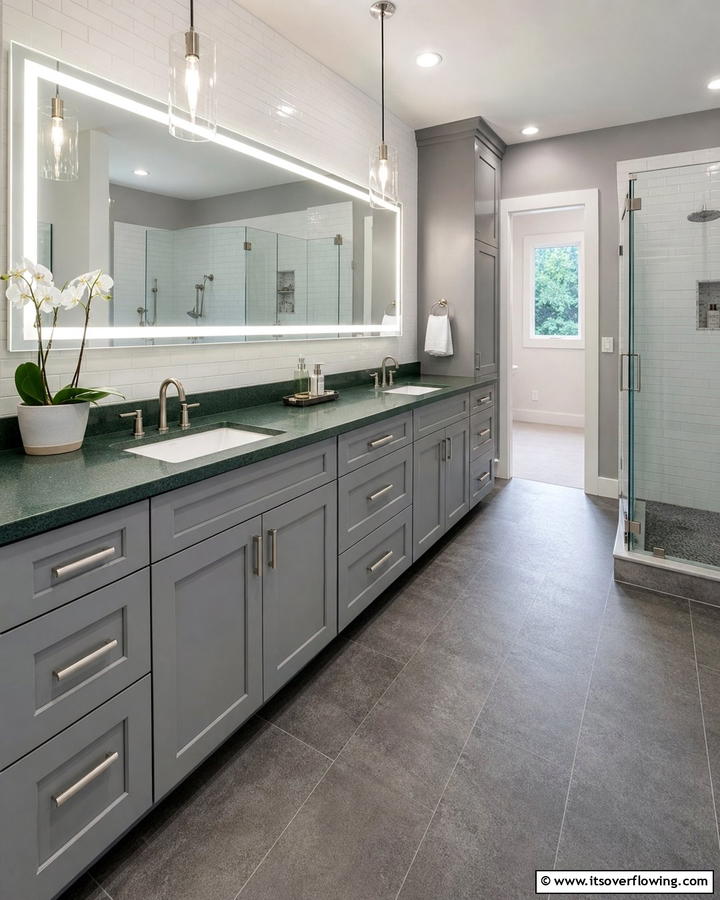 Grey Cabinets with Green Countertops - 20 Green and Grey Bathroom Ideas for a Modern Look